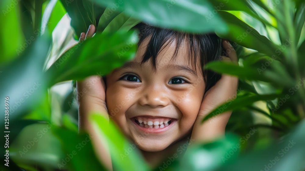 Joyful Malaysian Child Playing Between Green Leaves in a Candid Close-Up Shot Joyful Malaysian Child Playing Between Green Leaves in a Candid Close-Up Shot