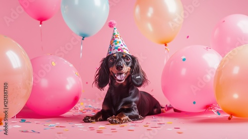 Happy dog celebrates birthday with colorful balloons and party hat in a festive pink setting