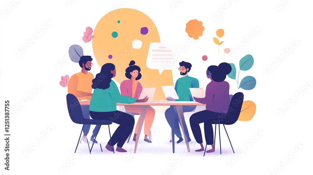 Diverse team meeting, brainstorming session, office setting, positive communication Diverse team meeting, brainstorming session, office setting, positive communication