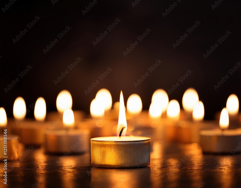 Candles of Remembrance: A single burning tea light candle stands in the forefront, softly illuminated against a bokeh background of many other glowing candles. Candles of Remembrance: A single burning tea light candle stands in the forefront, softly illuminated against a bokeh background of many other glowing candles.