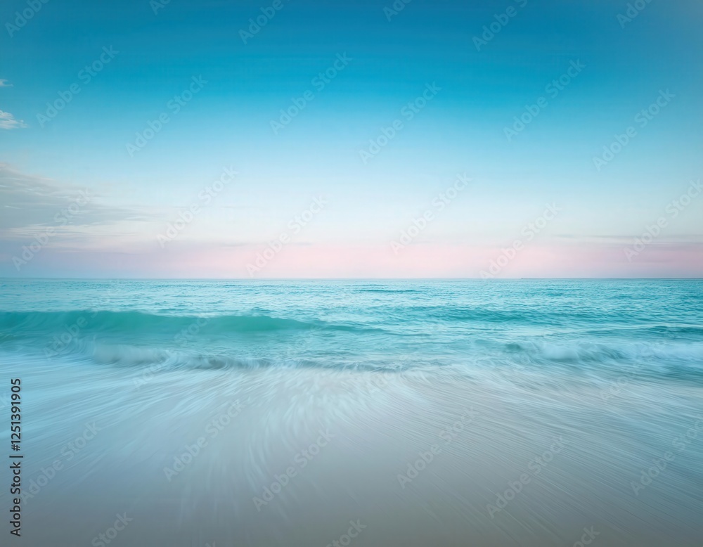 Fototapeta premium Tranquility at the Water's Edge: A breathtaking seascape with soft, pastel hues of blue and pink paints the horizon, as gentle waves lap onto the pristine sandy shore.