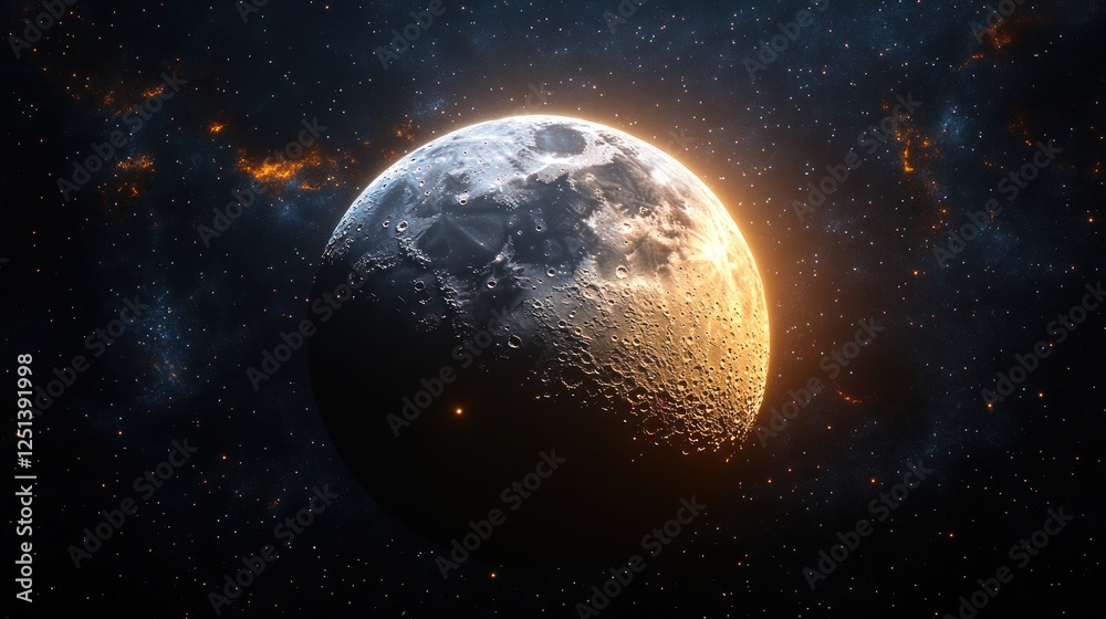Naklejka premium Illuminated moon, cosmic background, space exploration
