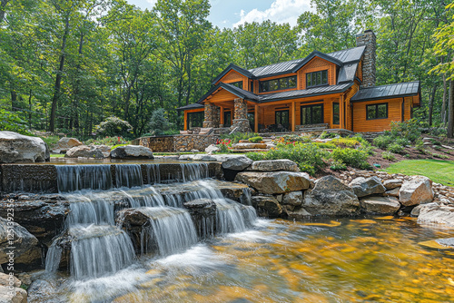 Modern wooden house with waterfall and landscaping in forest