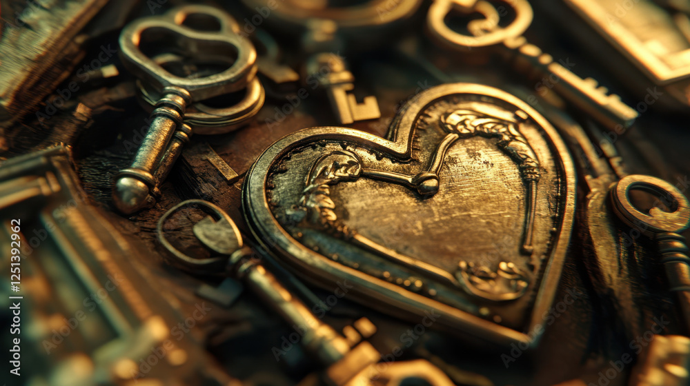 Intricate Heart Design Surrounded by Metallic Keys With Ornate Patterns and Textures Displayed in Warm Lighting Intricate Heart Design Surrounded by Metallic Keys With Ornate Patterns and Textures Displayed in Warm Lighting