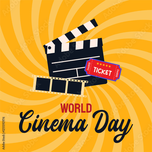 World cinema day banner. 28 december. Movie industry. Clipboard Ticket Film Illustration