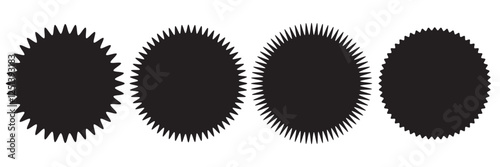 Sunburst sticker shapes. Rounded starburst zigzag badge, spiky oval, circle and star shaped price tag, discount and sale label stickers. Jagged silhouettes vector set.