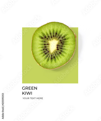 Creative layout made of green kiwi on the green and white background. Flat lay. Food concept. Lemon on white background.