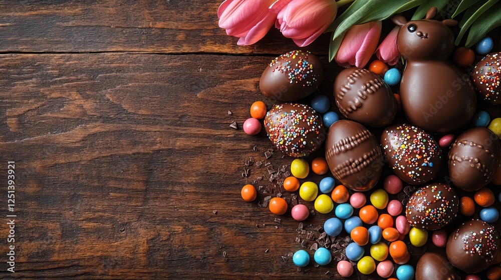A charming Easter sweets. chocolate eggs cracked to reveal a rainbow of candies with a chocolate bunny and a bunch of tulips on a wooden backdrop with space for text or ads. A charming Easter sweets. chocolate eggs cracked to reveal a rainbow of candies with a chocolate bunny and a bunch of tulips on a wooden backdrop with space for text or ads.