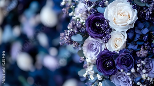 Fototapeta Naklejka Na Ścianę i Meble -  Romantic floral arrangement featuring deep purple and white roses with delicate baby's breath against dark blue background, creating dramatic contrast and mood.