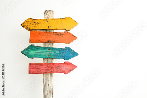 Wooden post with colored directional signs against a white background