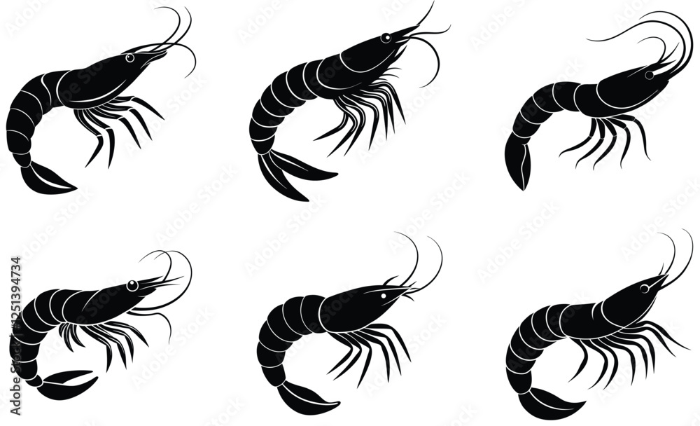 Fototapeta premium Shrimp silhouette set, shrimp vector icons illustration