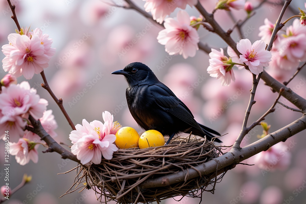 Black bird sitting on nest with two yellow eggs, cherry blossom tree branch, springtime, nature's renewal. Black bird sitting on nest with two yellow eggs, cherry blossom tree branch, springtime, nature's renewal.
