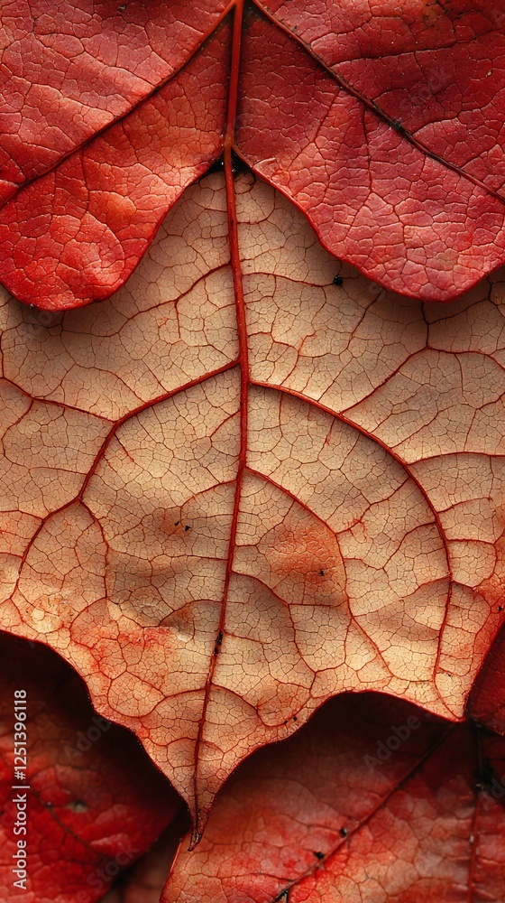 Fototapeta premium HD Phone Wallpaper Intricate Veins of Autumn Leaves Red and Beige Fall Foliage Texture