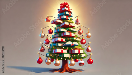 Creative christmas tree made of stacked books