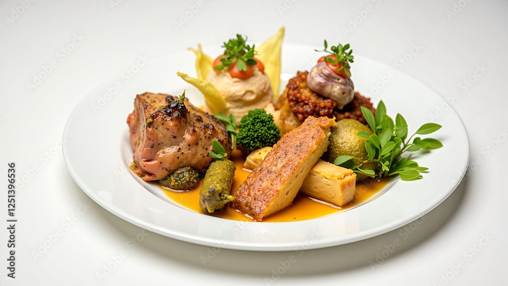 Gourmet Plated Meal with Roasted Meat, Vegetables, and Herb Garnish Gourmet Plated Meal with Roasted Meat, Vegetables, and Herb Garnish
