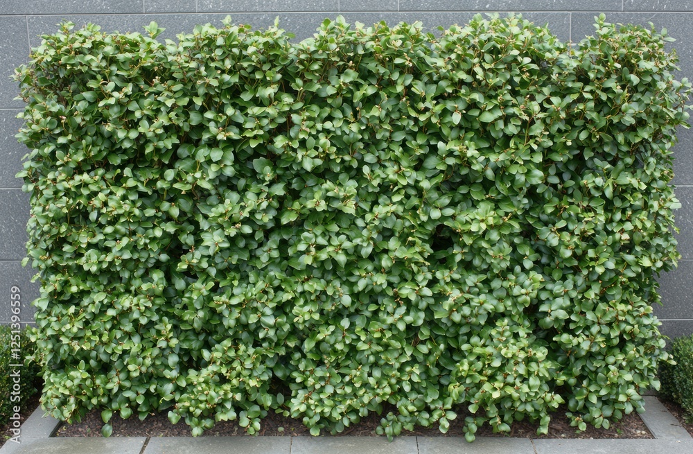 Lush Green Hedge with Dense Foliage as a Natural Backdrop in an Urban Setting Lush Green Hedge with Dense Foliage as a Natural Backdrop in an Urban Setting