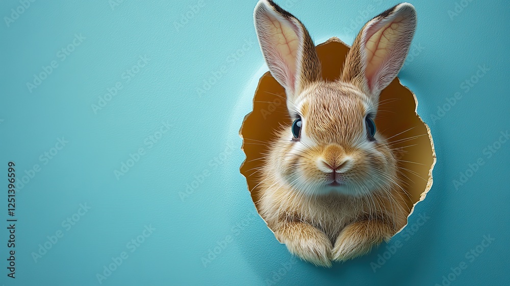 Obraz premium A cheerful Easter fantasy visual, a top view capturing whimsical rabbit ears protruding from a unique egg-shaped opening against a gentle blue background with space for text.