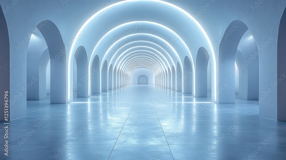 Obraz premium Futuristic blue archway hallway, glowing lights, abstract background, architecture design