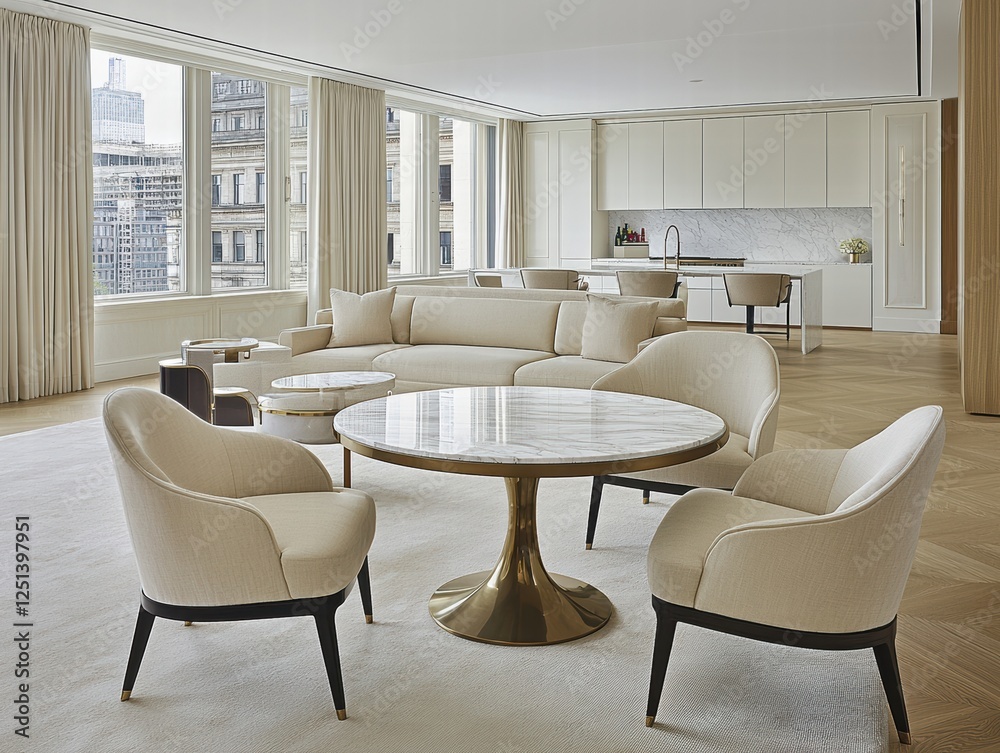 Fototapeta premium Modern Luxury Living Room with Elegant Furniture and City Views Under Natural Light