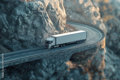 A heavy-duty truck with a double trailer skillfully navigating a winding mountain road photo