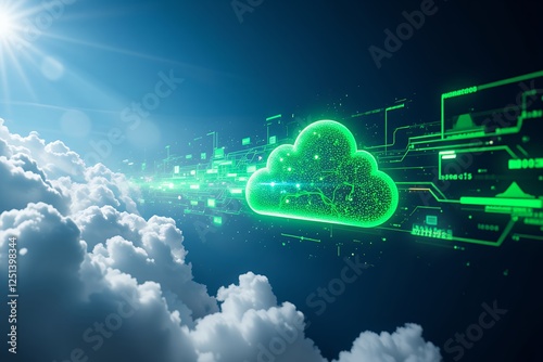 Digital cloud computing concept with green speed motion, futuristic technology, data transfer, high-tech innovation