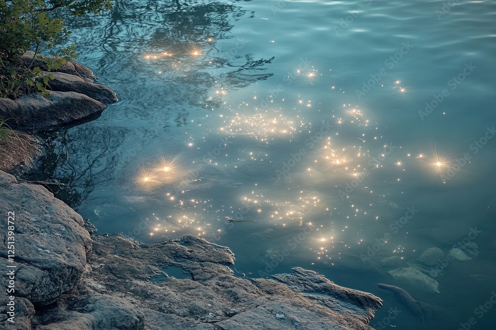 Obraz premium Moonlit Enchantment in a Tidal Pool With Shimmering Lights Dancing in the Deep Water