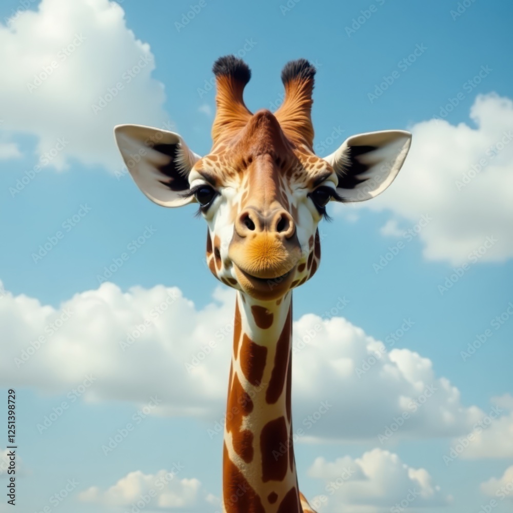 Naklejka premium Giraffe peeking from clouds, silly expression, long neck, nature scene, whimsical, spring, clouds