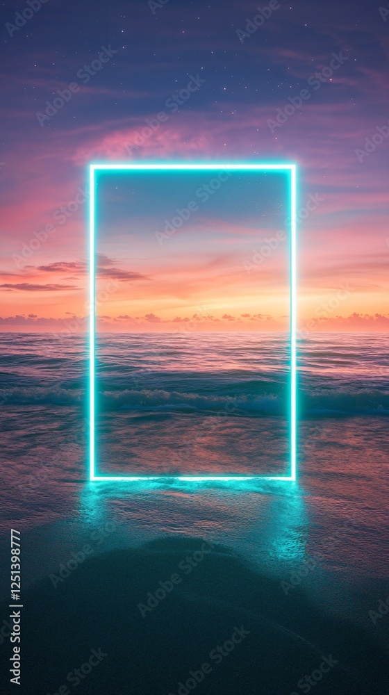 Neon Frame with Rectangular Teal and Gold Lights, Coastal Beach Shoreline, and Ocean Waves. Copy space. Generative AI Neon Frame with Rectangular Teal and Gold Lights, Coastal Beach Shoreline, and Ocean Waves. Copy space. Generative AI