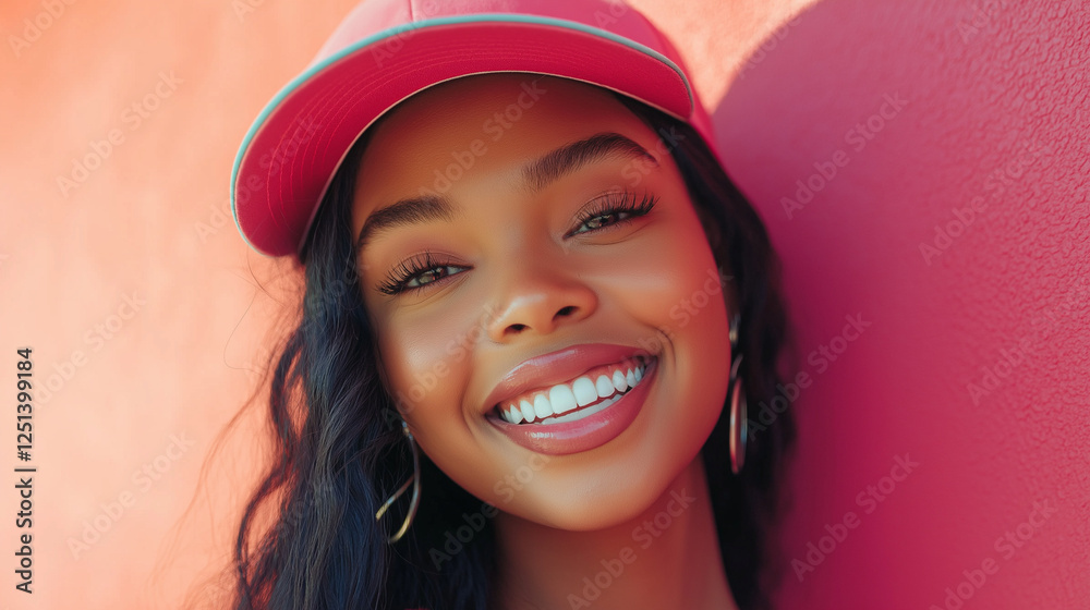 A cheerful black young woman wearing a pink cap, flashing a bright smile against a vibrant wall, radiating joy, confidence, and a playful spirit in her casual and stylish demeanor. A cheerful black young woman wearing a pink cap, flashing a bright smile against a vibrant wall, radiating joy, confidence, and a playful spirit in her casual and stylish demeanor.