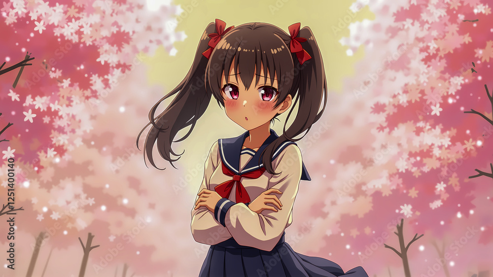 Anime Schoolgirl with Pigtails Under Cherry Blossoms Anime Schoolgirl with Pigtails Under Cherry Blossoms