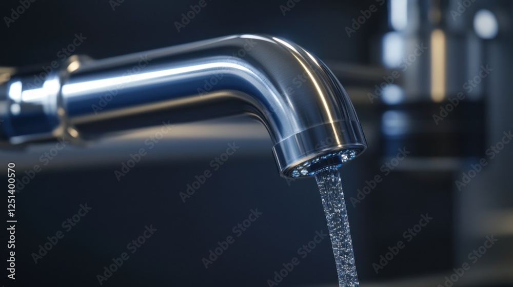 Close up view of a modern stainless steel faucet with water flowing smoothly. The sleek design emphasizes efficiency and hygiene, reflecting contemporary kitchen or bathroom aesthetics Close up view of a modern stainless steel faucet with water flowing smoothly. The sleek design emphasizes efficiency and hygiene, reflecting contemporary kitchen or bathroom aesthetics