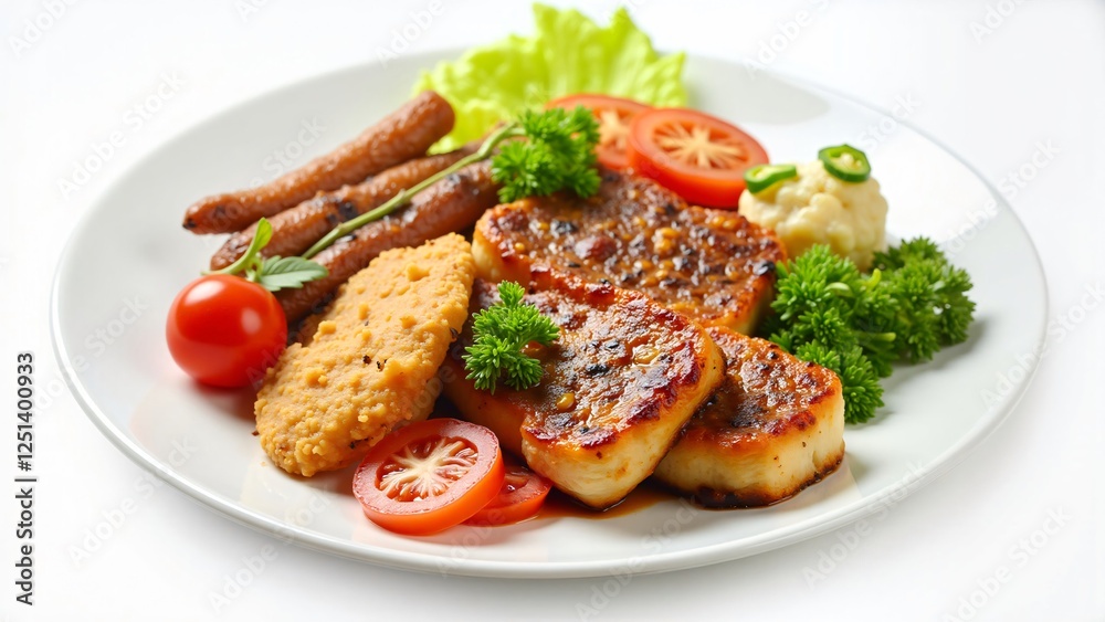 Delicious Grilled Meat Platter with Sausages, Patties, and Fresh Vegetables Delicious Grilled Meat Platter with Sausages, Patties, and Fresh Vegetables