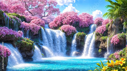 A beautiful paradise land full of flowers,  sakura trees, rivers and waterfalls, a blooming and magical idyllic Eden garden