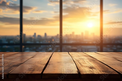 Wooden Tabletop Overlooking a Stunning Cityscape at Sunset from a High Rise Building Window