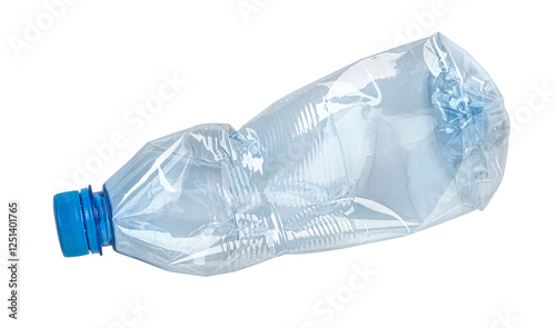 Crushed plastic bottle lying on white background representing recycling
