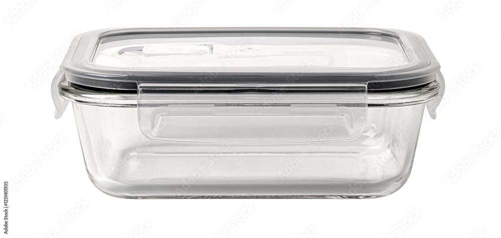 Empty glass food container with lid and locking clips isolated on white background Empty glass food container with lid and locking clips isolated on white background