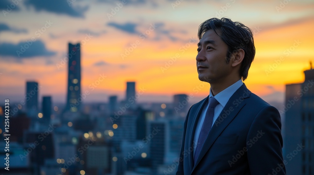 A contemplative businessman looks towards a vibrant city skyline at sunset, symbolizing ambition, success, and the pursuit of dreams. Generative ai illustration A contemplative businessman looks towards a vibrant city skyline at sunset, symbolizing ambition, success, and the pursuit of dreams. Generative ai illustration