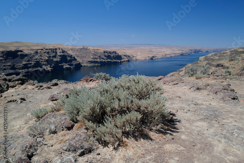 The Columbia River Gorge and Wanapum Lake in Washington State and Rock Island Dam waters on a beautiful summer day photo