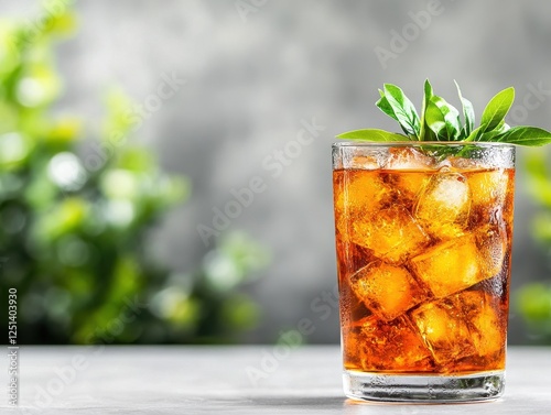 Refreshing Iced Golden Oolong Tea in a Glass with Fresh Herbs