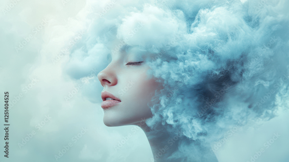 Woman With Ethereal Cloud-Like Hair Exuding Tranquility and Calmness in a Surreal Atmosphere Woman With Ethereal Cloud-Like Hair Exuding Tranquility and Calmness in a Surreal Atmosphere