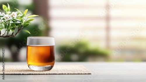 Refreshing Iced Oolong Tea in a Glass with Greenery Background