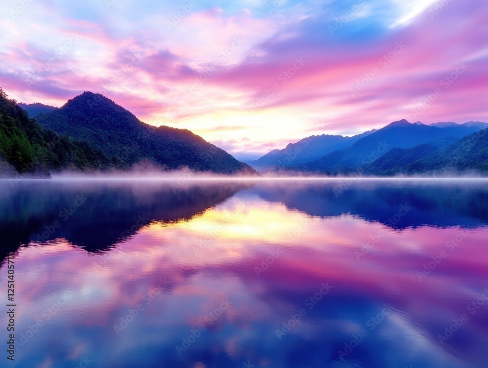 Fototapeta premium Serene Mountain Landscape with Calm Lake and Colorful Reflections