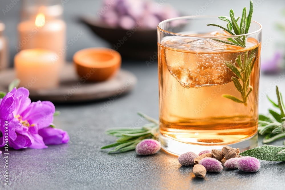 Herbal Sparkling Elixir in Glass with Garnish and Flowers Herbal Sparkling Elixir in Glass with Garnish and Flowers
