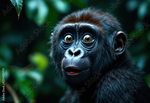 Cute Young Gorilla Portrait in the Jungle with Expressive Eyes