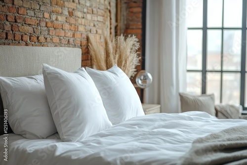 White pillows on the bed in loft style bedroom