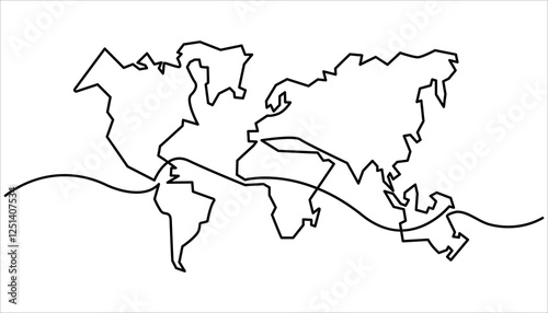 World map continuous one line drawing. World map continent line symbol. continuous Earth line drawing symbol. World map one line art, hand drawn.