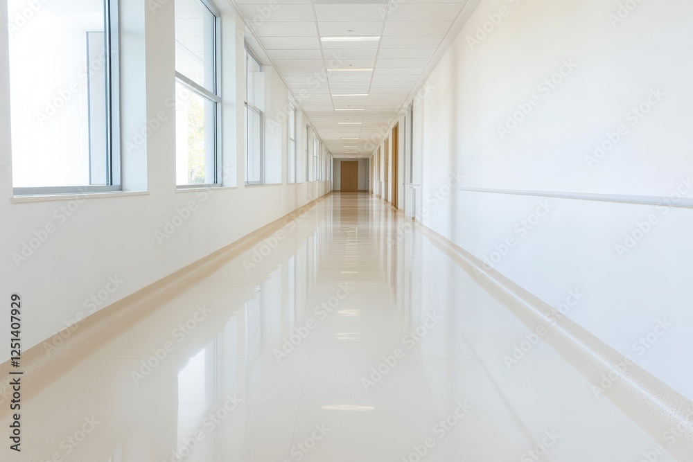Fototapeta premium Modern Hospital Corridor Design, Clean Minimalist Architecture, Bright Interior Space, Sterile Environment