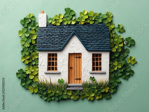 Rustic acrylic painting of an old Irish cottage surrounded by clovers, vibrant and textured brushwork photo