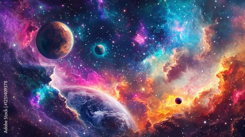 Outer space background with shiny stars, planets and a black hole. Cute graphic wallpaper for children, abstract cosmos and astronomy pattern. Vector illustration for kids.