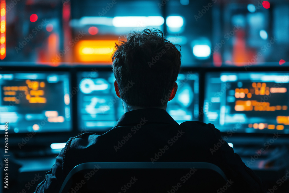 Person monitors multiple screens displaying data and analytics in a technology-focused environment at night Person monitors multiple screens displaying data and analytics in a technology-focused environment at night